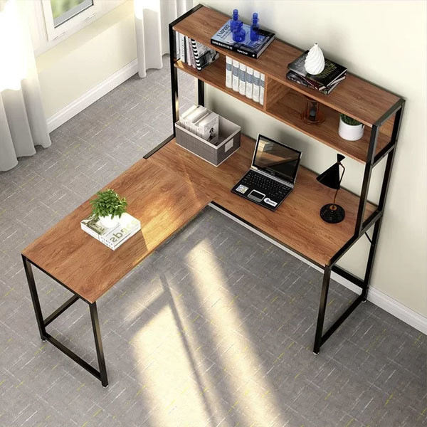 Customized Soho Solid Wood Gaming L Shape Desk with Metal Legs and Book Shelf Storage