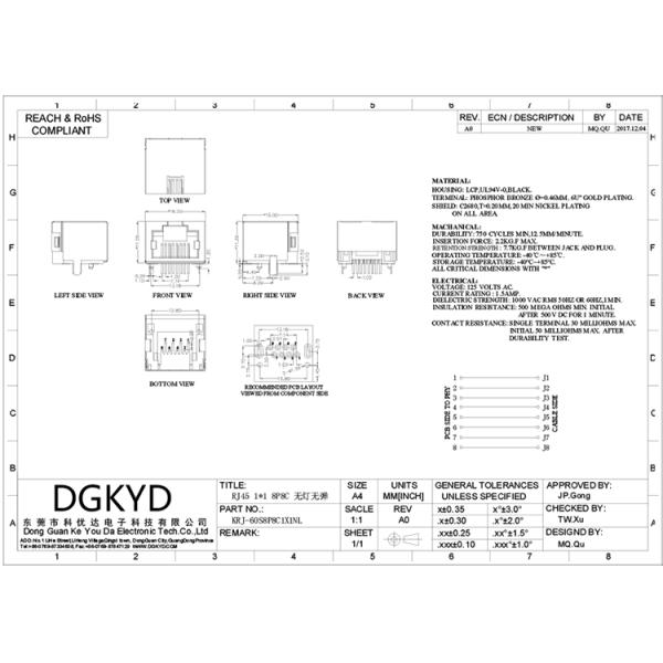 Metal Shielded Female Rj45 Ethernet Jack Connector Without Transformer , 11.5mm