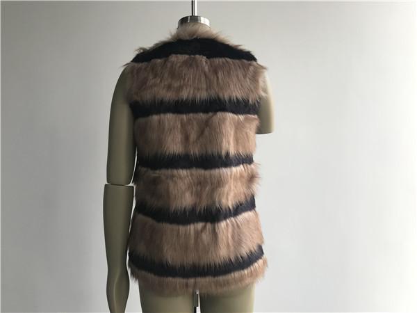 Brown And Black 2 Tone Ladies Faux Fur Jacket Collarless Neck For Female TW755100