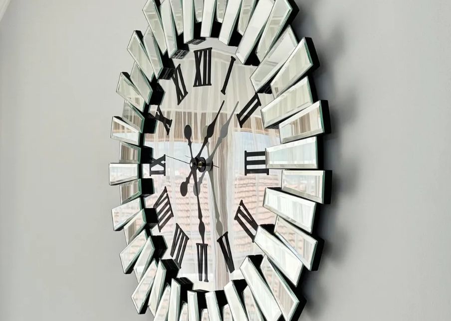 Silver Mirror Wall Clock with Silent Movement and Customizable Design for Elegant Homes