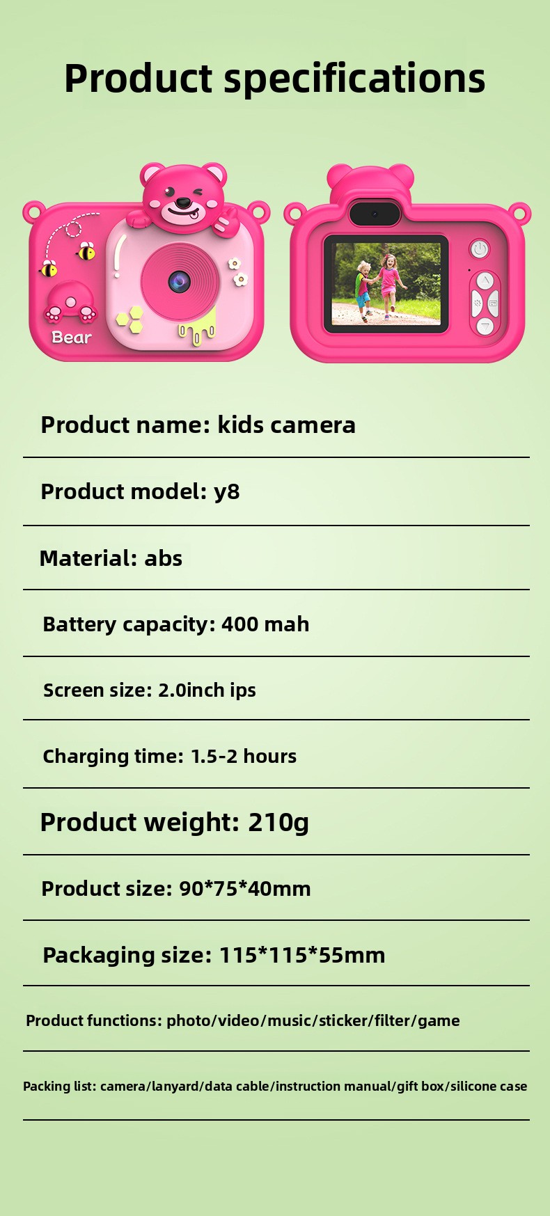 Children's Mini Camera 2-Inch Screen ABS Material Can Take Photos & Videos Play Games HD Children's Toy Cartoon Gift