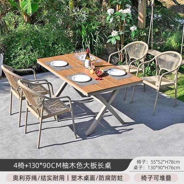 Patio exterior Villa sillas y mesas Jardín Balcón al aire libre Ocio Muebles de comedor de ratán Conjunto de mesa de madera de plástico