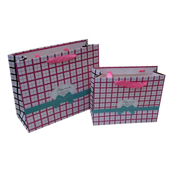 Pink Square Ribbon Handle  cutomized Paper Carrier Bag for Gift Packing Matt Coated