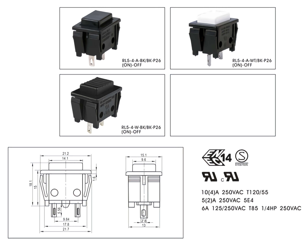 Plastic Power Switch 3A 250V AC Panel Mount Square Push Button Switch with 100,000 Cycles Lifespan