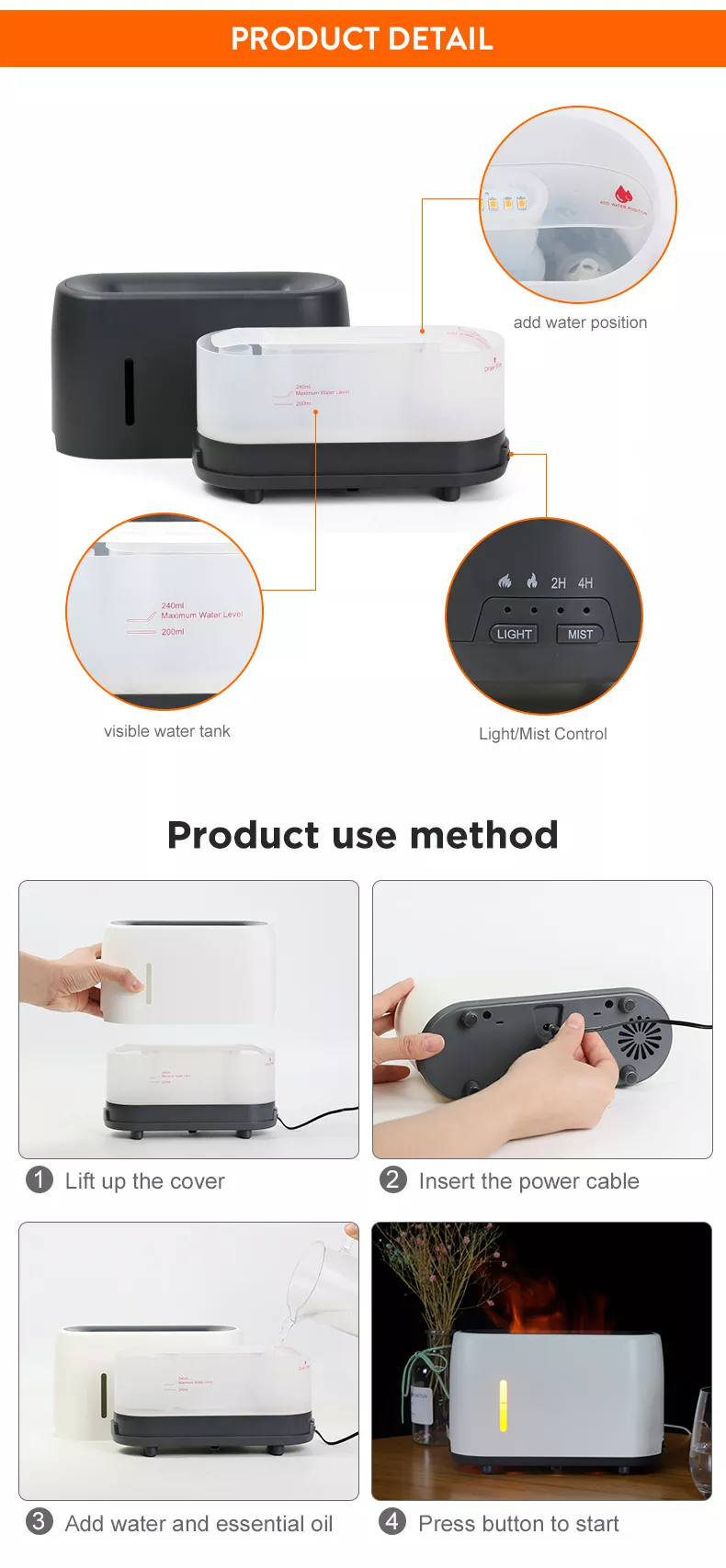 Best Flame Air Mist Humidifier Diffuser 240ml Fire Flame Ultrasonic Aroma Essential Oil Diffuser for Hotels Households Gift