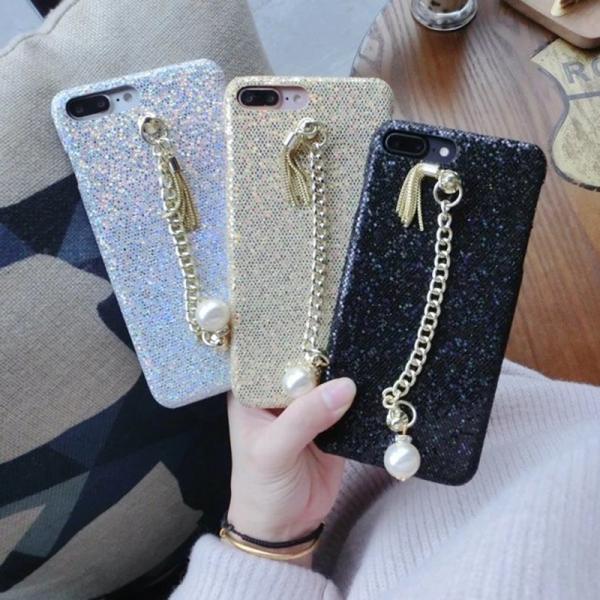 Hard PC Glitter Pendant Pearl Metal Chain Tassel Bracelet Back Cover Cell Phone Case For iPhone 7 6s Plus