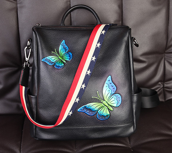 Fashion Institute Ladies Leather Backpack For Women , Butterfly Embroidery Printing