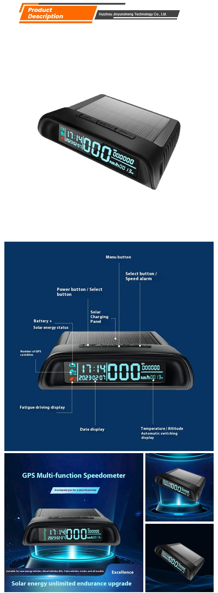 High-Precision Solar GPS Multi-Function Speedometer Universal Temperature Sensor Cars Buses Trucks TPMS Semi Truck 12V JYS
