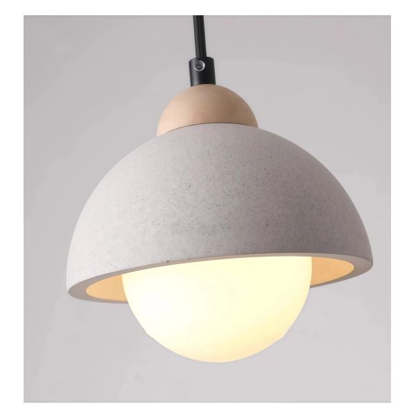JYLIGHTING Nordic Cement & Wood Dome Pendant Light, Modern Half-Sphere Hanging Lamp with Frosted Glass Globe for Kitchen Island & Dining Room