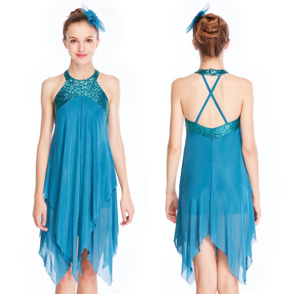 Sequins Halter Neck Lyrical Dance Wear Dress Two Layers Dance Costumes Back Straps Crossing Competition Wear