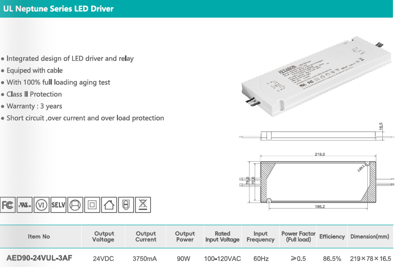 Letaron US 24V 90W Mirror Light LED Driver Integrated Relay Control with Cables