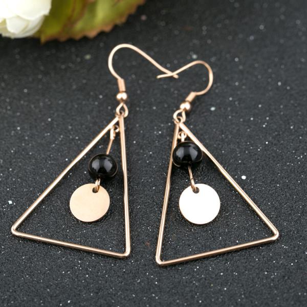 Black Agate Long Earrings, Triangle Design Staineless Steel Earring, 18K Gold Color Earring