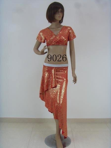 Adult Belly Dancing Clothes Distinctive Orange V Neck Metallic Bikini Top Cut Off Skirt