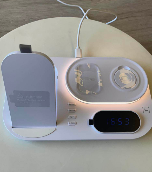 Foldable RGB Alarm Clock Wireless Charger Stand 4-in-1 Magnetic Charging Station LED Light Fast Wireless Charging Dock
