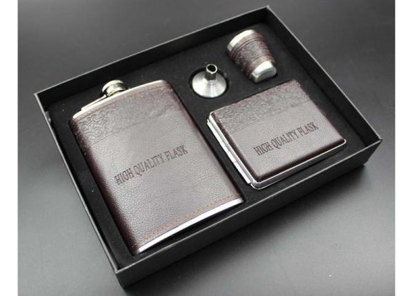 Leather 9 Oz Mens Hip Flask Set With White Wine Bottle / Cup / Funnel