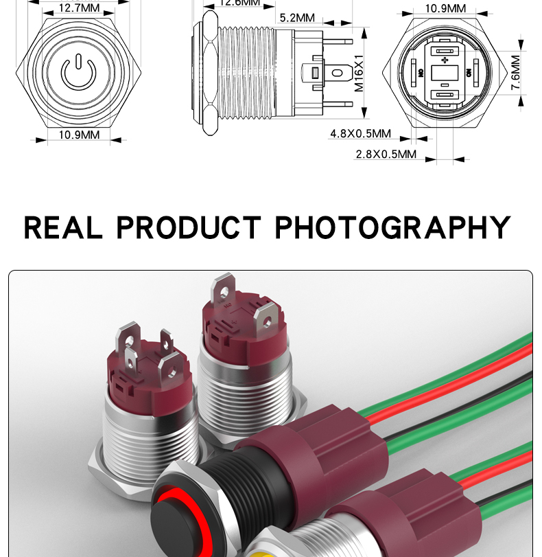 10A High-Current Metal Push Button Switch 16MM Short Type, Normally Open, Self-Reset/Self-Locking, with Light Button Switch