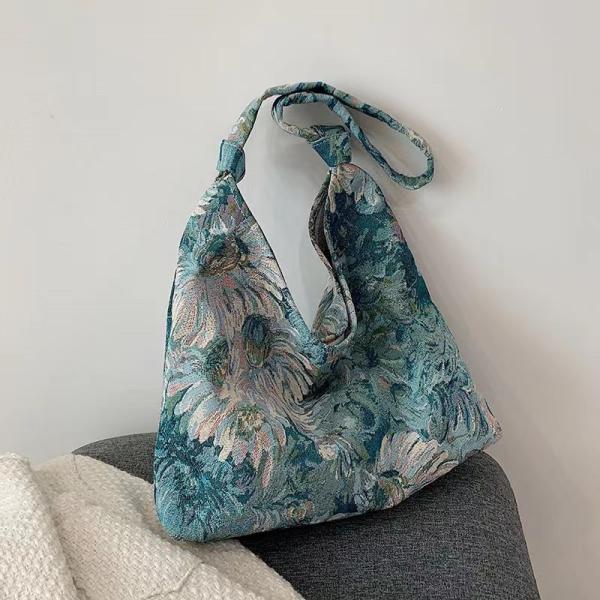 LARGE CAPACITY WOMEN'S BAG FRENCH SIMPLE CANVAS BAG OIL PAINTING NATIONAL STYLE SHOULDER BAG TOTE BUCKET BAG
