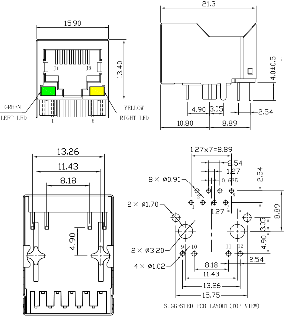 HR911105A HanRun RJ45 соединитель 8P8C 10/100BT Женщина Джек Микродуино порт