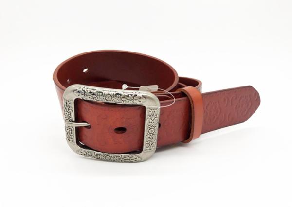 Flower Pattern Square Buckle Embossed Leather Belt Custom Design Red / Orange Color