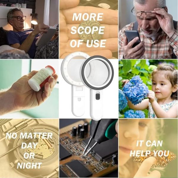 Portable Simple12 LED Light Lamp 30X Handheld Large Brass Magnifier Lens Magnifying Glass with Stand for Inspection
