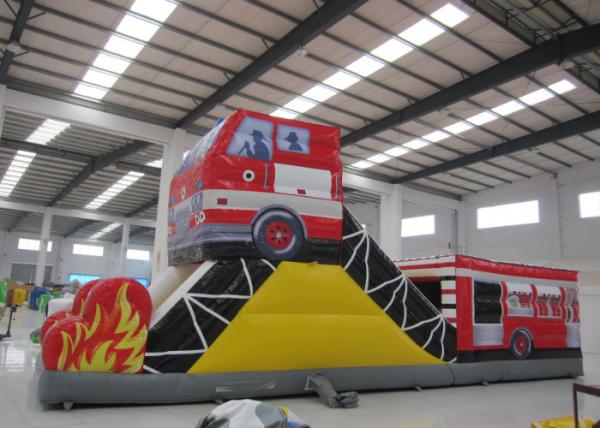 Fire Fighting Fun City Commercial Bounce House , High Slide Big Blow Up Bounce House