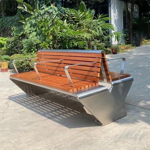 SS304 Outdoor Metal Bench With Back Armrest Wooden Bench With Metal Legs