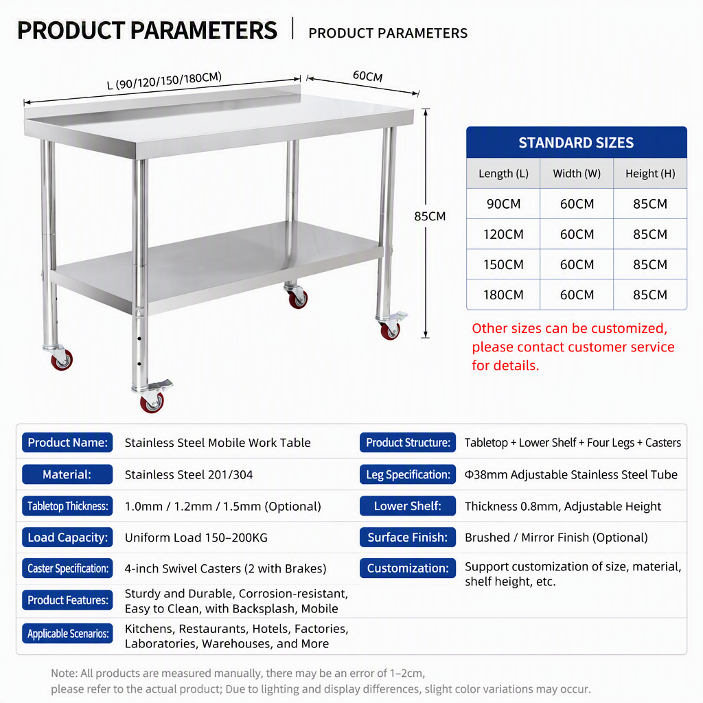 Mobile Stainless Steel Work Table with Adjustable Height and Casters for Commercial Kitchens