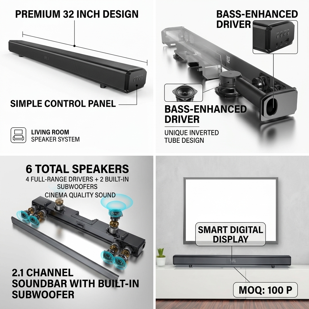 Factory 100W 2.1CH Home Theater Soundbar Speaker System with Built-in Subwoofer, DSP Audio, HDMI ARC Optical Line-in USB Bluetooth 5.0, Wall Mountable Sound Bar with Remote Control