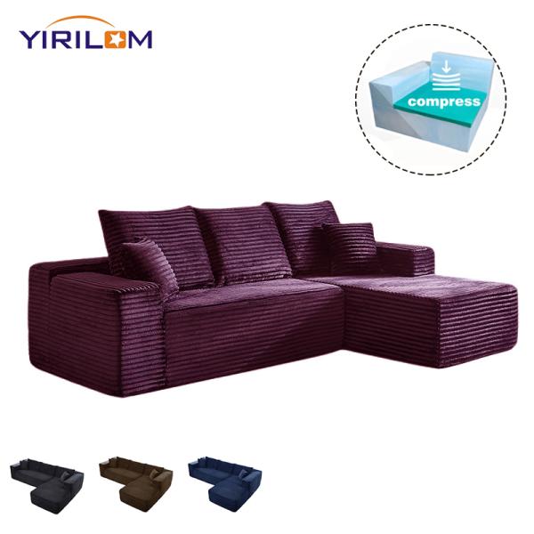 High Quality Modern L-Shape Sectional Sofa Comfortable Corduroy Fluffy Design Vacuum Compressed Comfy Living Room Furniture Set