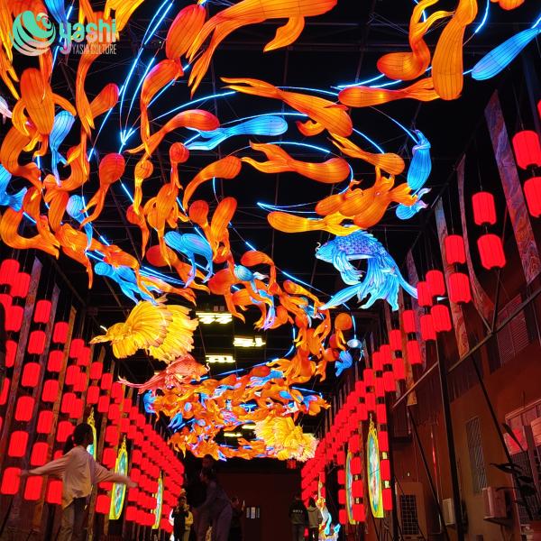 Custom Hanging Goldfish Koi Light Tunnel, Chinese Style Ceiling Fish Lantern Installation for Night Festival & Tourist Street