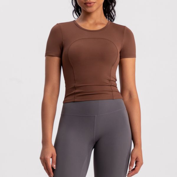 Short Sleeve Athletic Top Yoga Activewear Moisture Wicking Form Fitting Brown Breathable