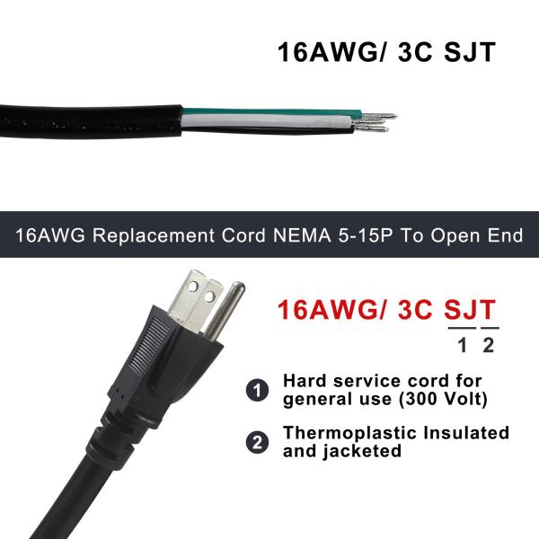 NEMA 5-15P to 5-15R 電源コード 0.5m SJT 16AWG 125V 15A