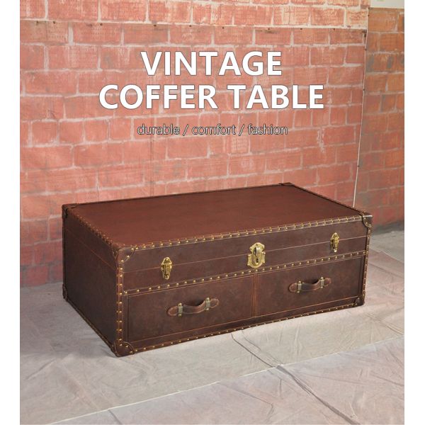 Nidea #8623 American-Style Retro Box-Shaped Handmade Leather Trunk Table for Living Room Home Bars Hotels  Lounges