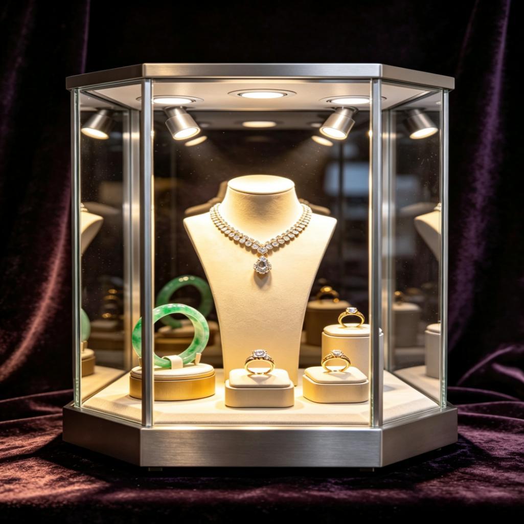 Luxurious White and Gold Jewelry Display Case with LED Lighting Eco-Friendly and Customizable Design for Retail Stores