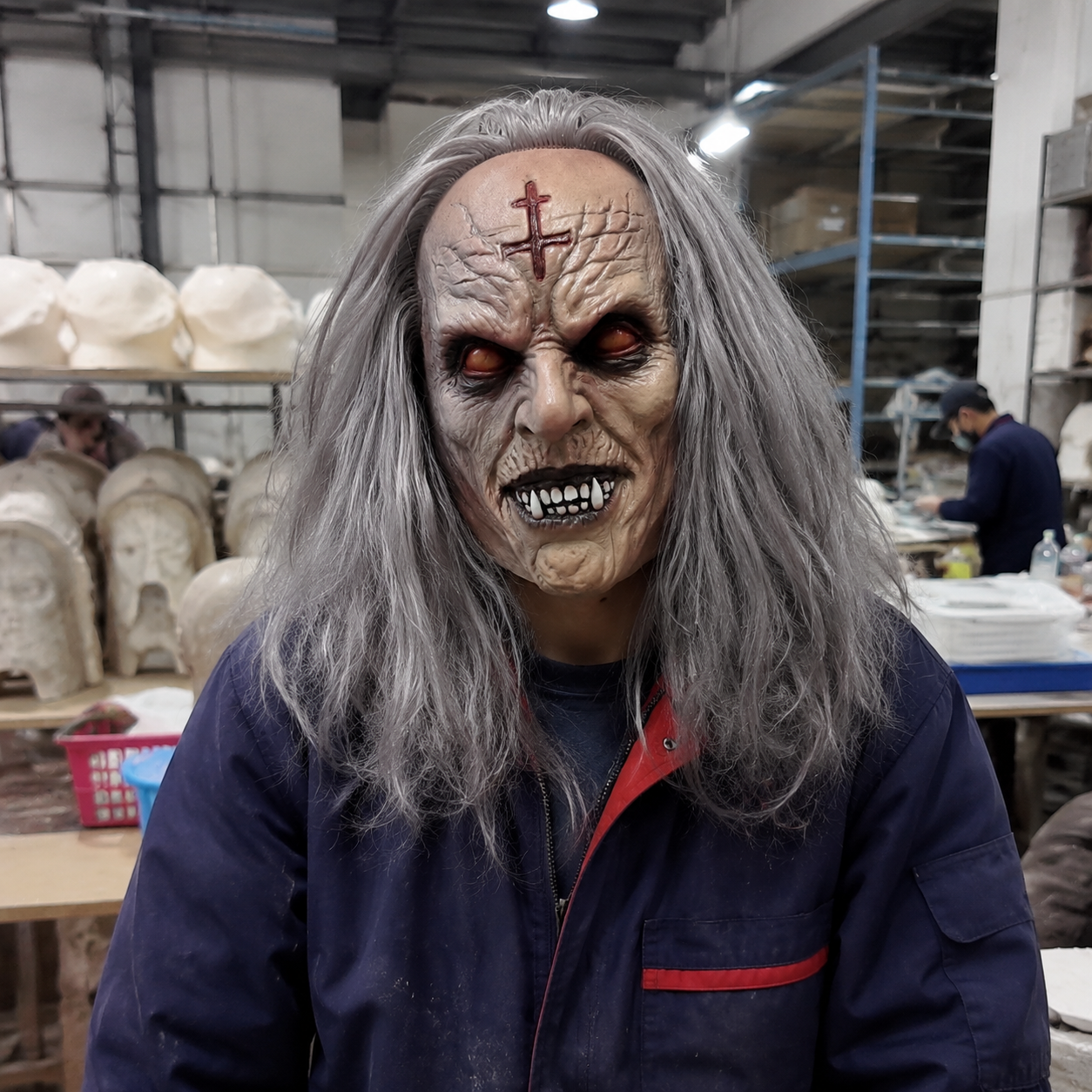 Scary Demonic Elder Zombie Latex Full Head Mask with Gray Hair Wrinkled Rotting Skin Red Glowing Eyes Sharp Horror Teeth Realistic Horror Costume Prop for Halloween Cosplay Party Haunted House
