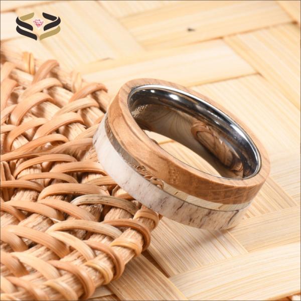 Bague de mariage vintage pour homme en carbure de tungstène avec incrustation en bois de baril de whisky et bois de cerf naturel de 8 mm, cadeau d'anniversaire