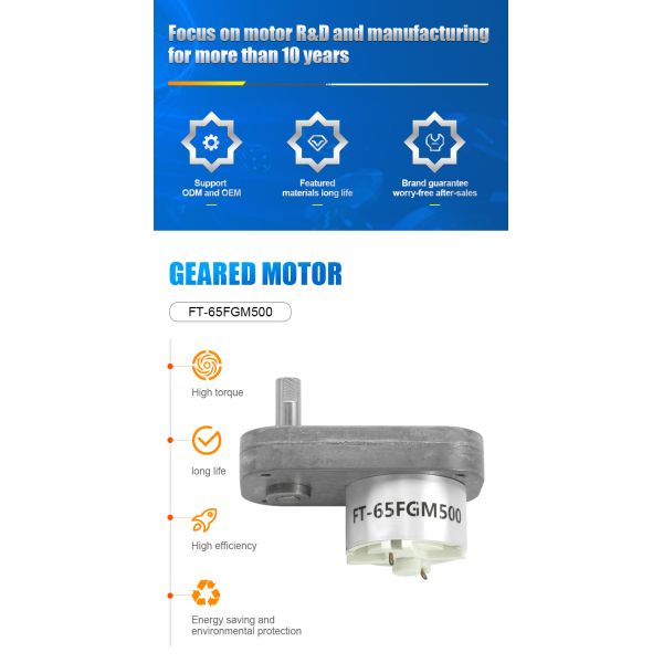 FT-65FGM500 Slow Speed 12V DC Motor 1-200rpm High Torque DC Gear Motor For Valve