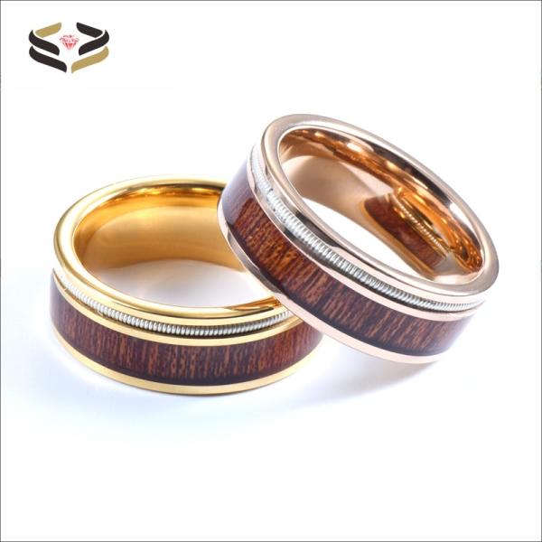 8mm Mens Tungsten Wedding Band Ring Rose Gold Finished With Koa Wood Inlay