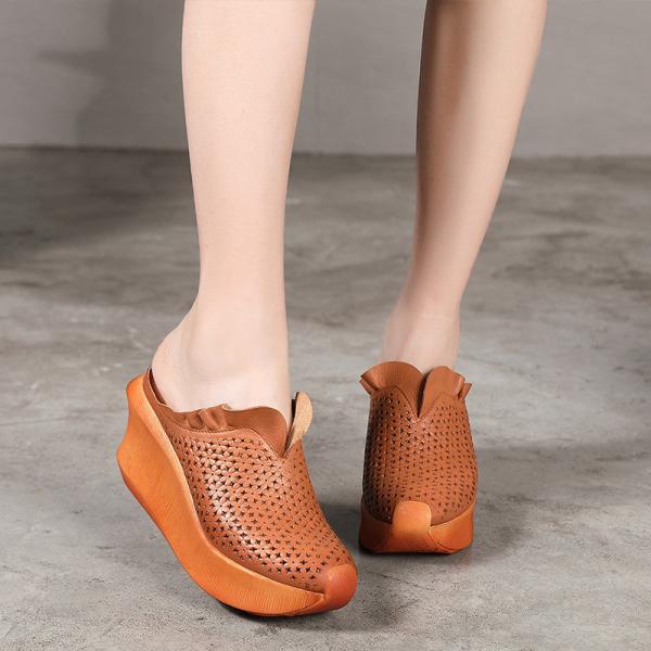 S464 Leather Casual Ethnic Style Sandals Retro Hollow Sponge Cake Wedges With Slippers Handmade Women'S Shoes Explosive