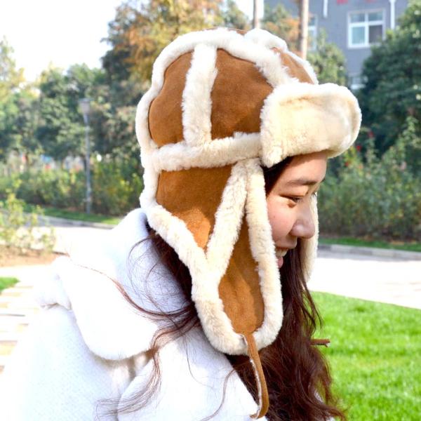 Girls Natural Lamb Fur Shearling Trapper Hat Aviator European Ushanka Style