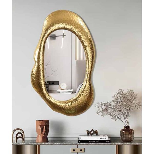 Modern Luxury Villa Hotel Accent Golden Decorative Mirror Bedroom Bathroom Wood Frame Irregular Shape Wall Mirror Furniture