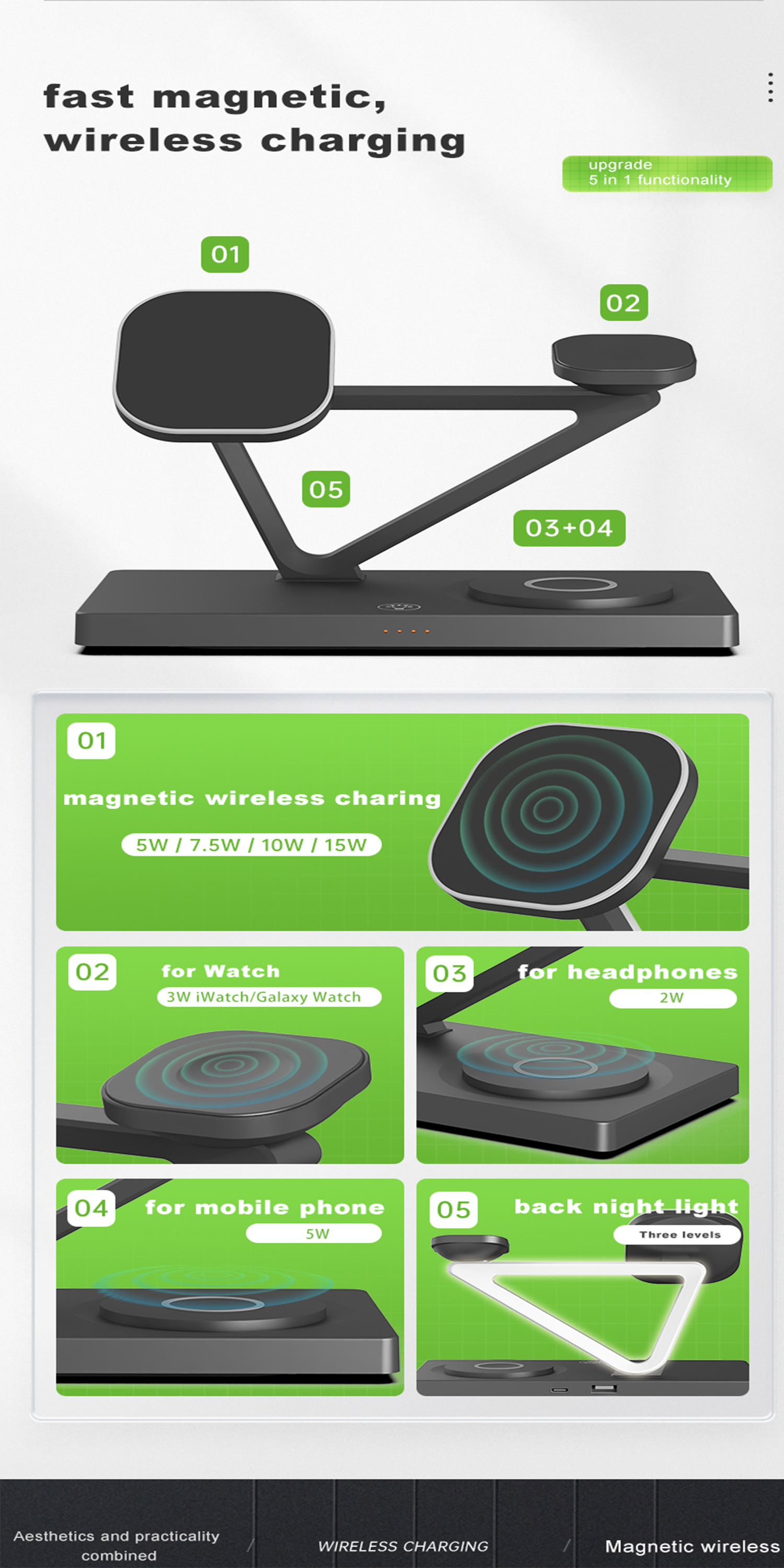 Магнитное быстрое зарядное устройство с ночным светом 2w Для iPhone Samsung Iwatch Airpods Черный и белый