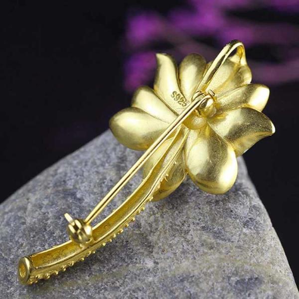 18K Gold Plated 925 Silver Enamel Lotus Flower Jade Pendant Necklace Brooch For Women(XZ81001)