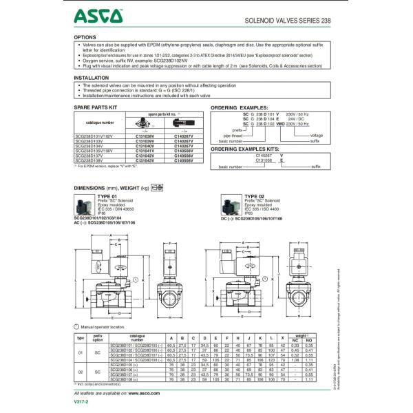 Valva de agua de dos vías ASCO SCG238D106V Cuerpo de acero inoxidable normalmente abierto 1/2 calibre