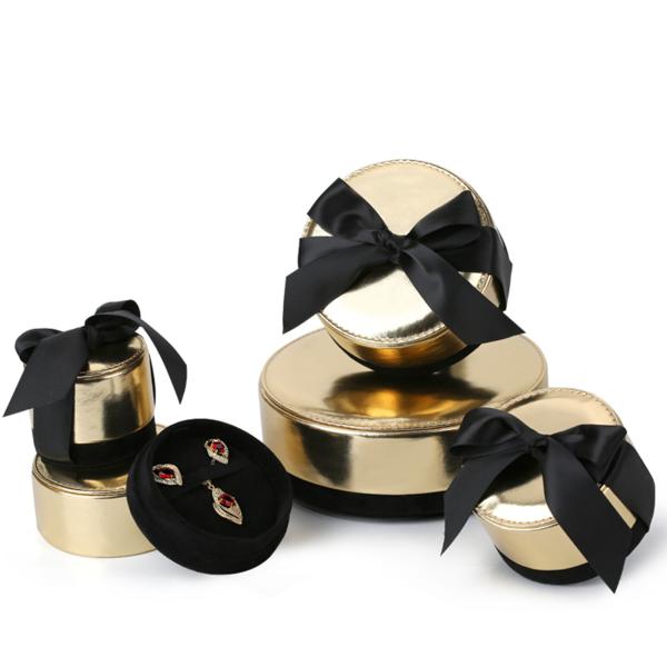 Round Champagne Gold Fancy Jewelry Box With Ribbon PU Leather Chipboard