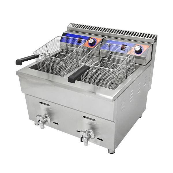 Máquina de fritura a gás de duplo tanque 220V para restaurante de fast food Fritadora de frango de aço inoxidável