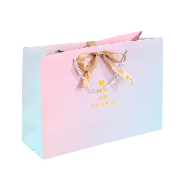 Gradient Gift Bags Premium Pink Blue Packaging Silver Ribbon Bow Custom Logo Printing