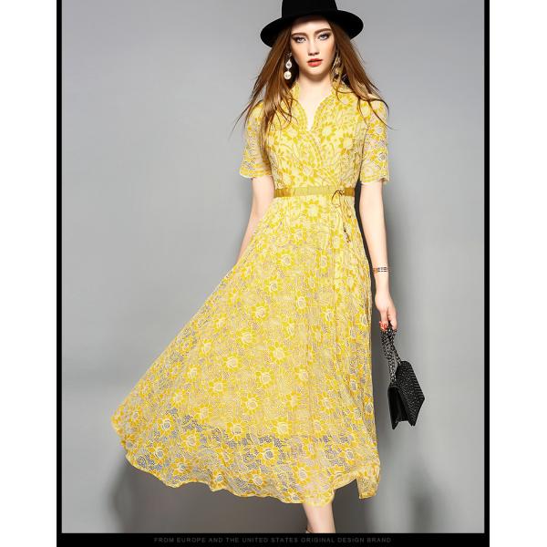 yellow hot sale women lace-up polyester lace dress