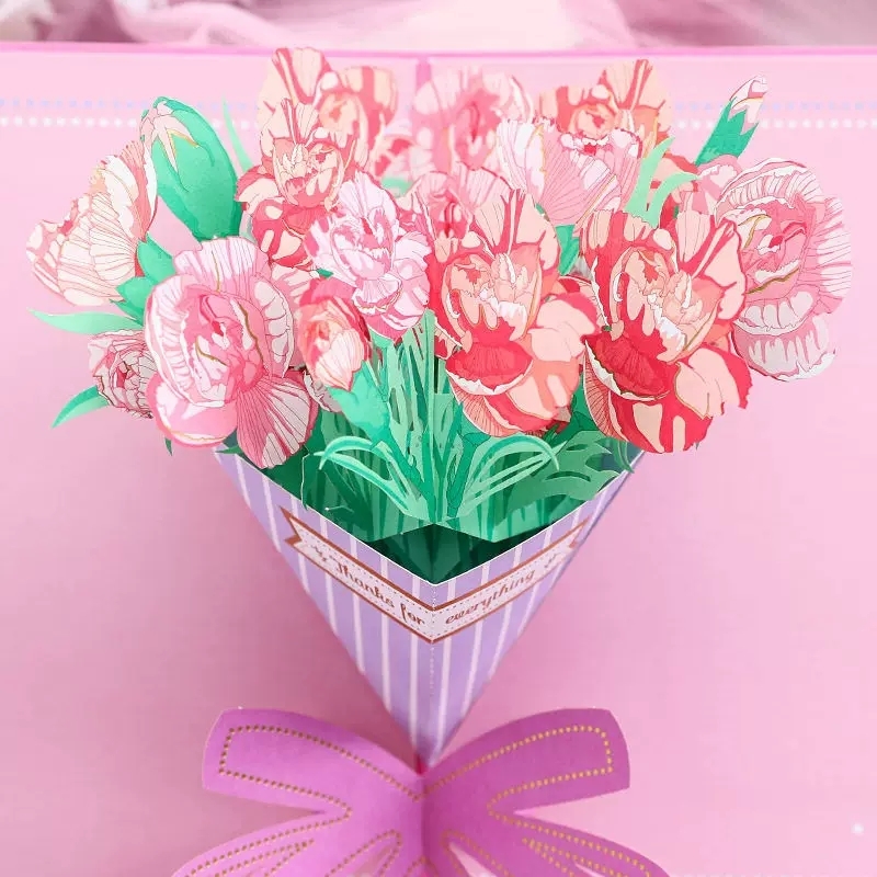 3D Floral Bouquet Pop Up Greeting Card With Striped Cone Design