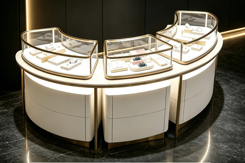 Combined Curved Jewelry Island Showcase with Champagne Gold Frame and Modular Structure